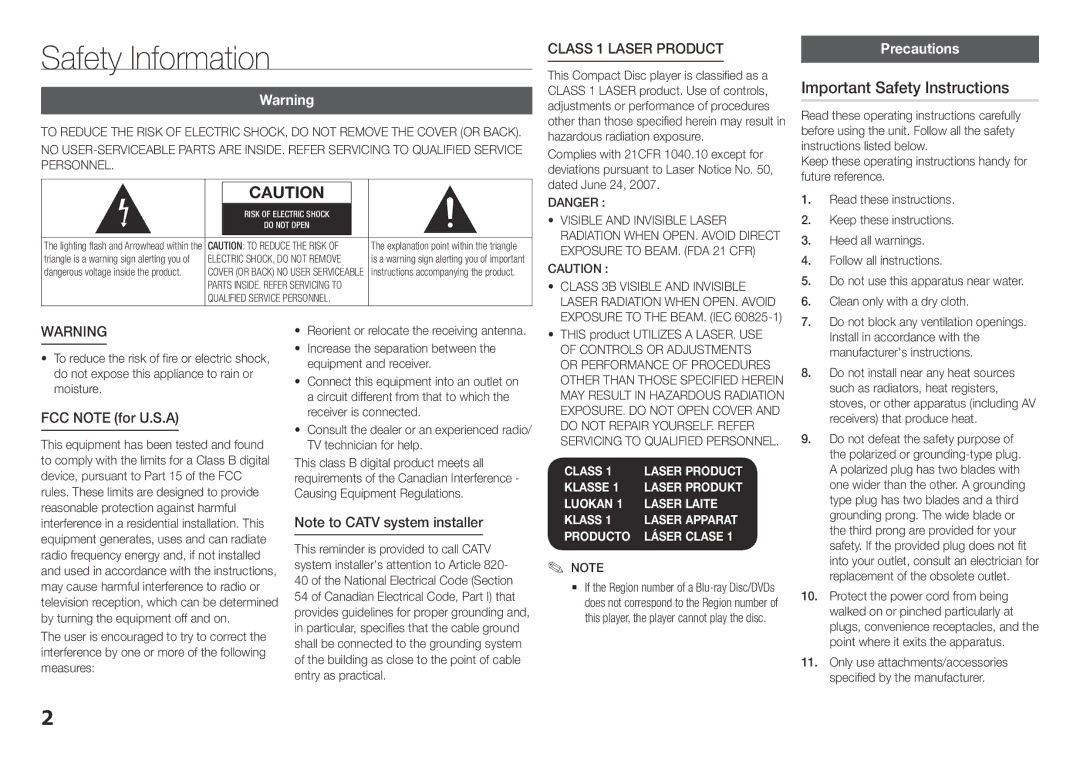 Samsung BDE5400 Safety Information, Important Safety Instructions, Class 1 Laser product, Precautions, FCC Note for U.S.A 