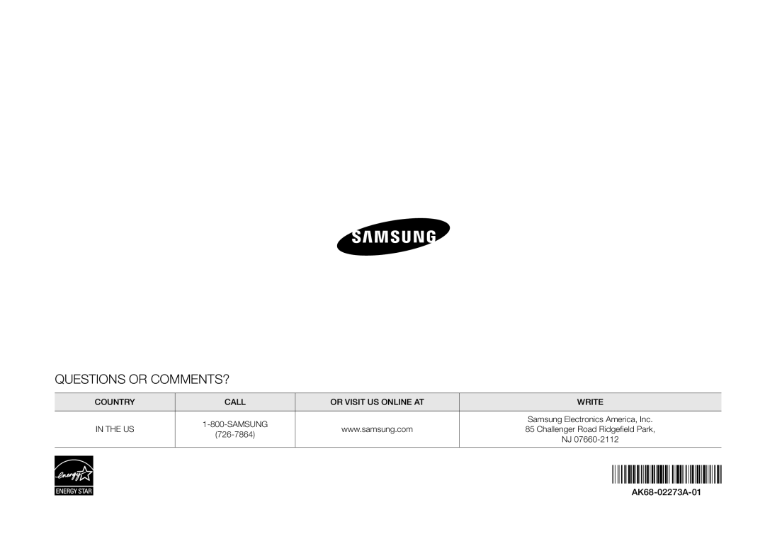 Samsung BD-E5400/ZA, BDE5400 user manual Country, AK68-02273A-01 