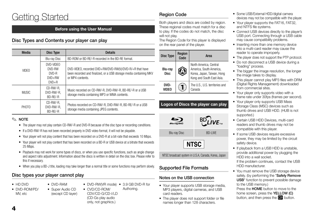 Samsung BDE5400, BD-E5400/ZA Getting Started, Disc Types and Contents your player can play, Supported File Formats 