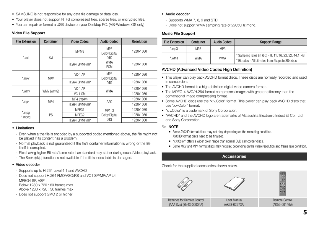 Samsung BD-E5400/ZA, BDE5400 user manual Avchd Advanced Video Codec High Definition, Accessories, Resolution, 1920x1080 