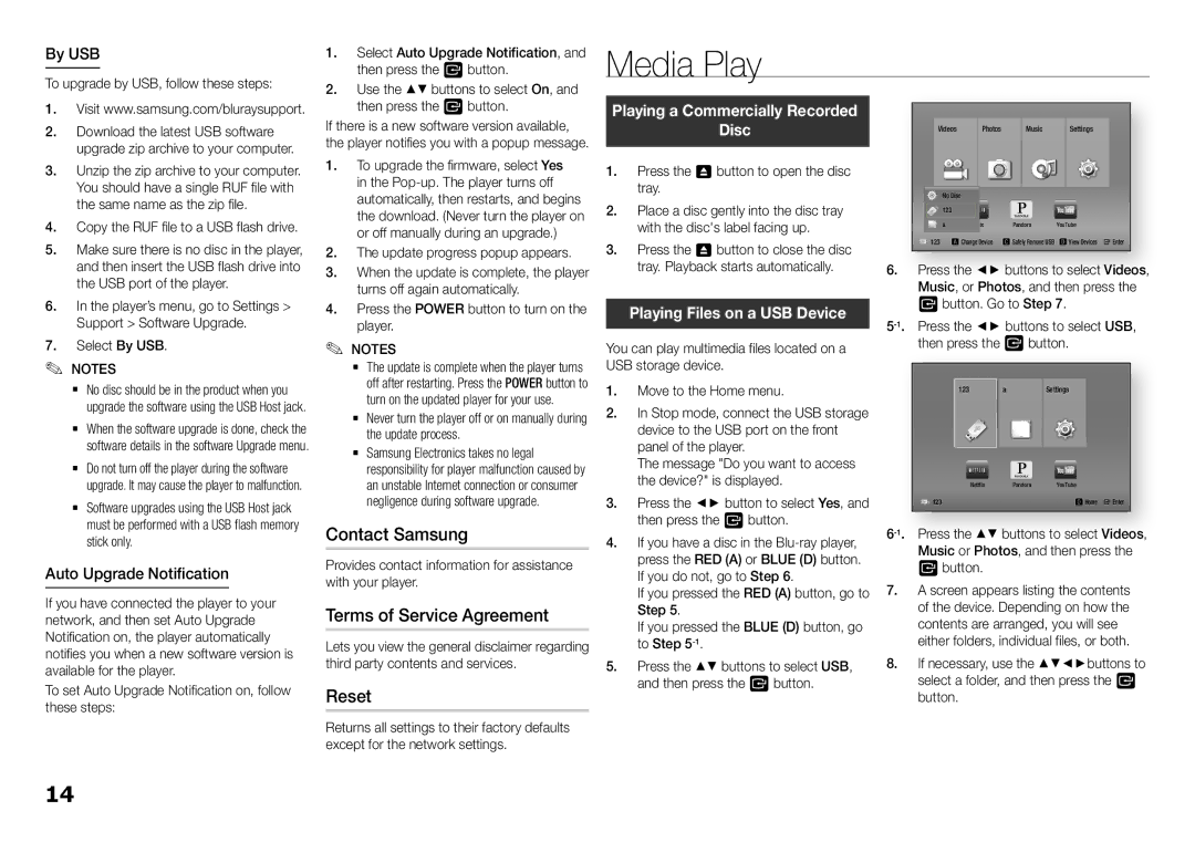 Samsung BD-F5100, BDF5100ZA user manual Media Play, Contact Samsung, Terms of Service Agreement, Reset, Disc 