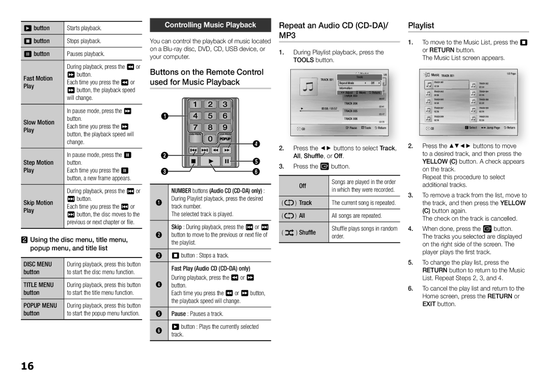 Samsung BDF5100ZA, BD-F5100 user manual Repeat an Audio CD CD-DA/ MP3, Playlist, Controlling Music Playback 