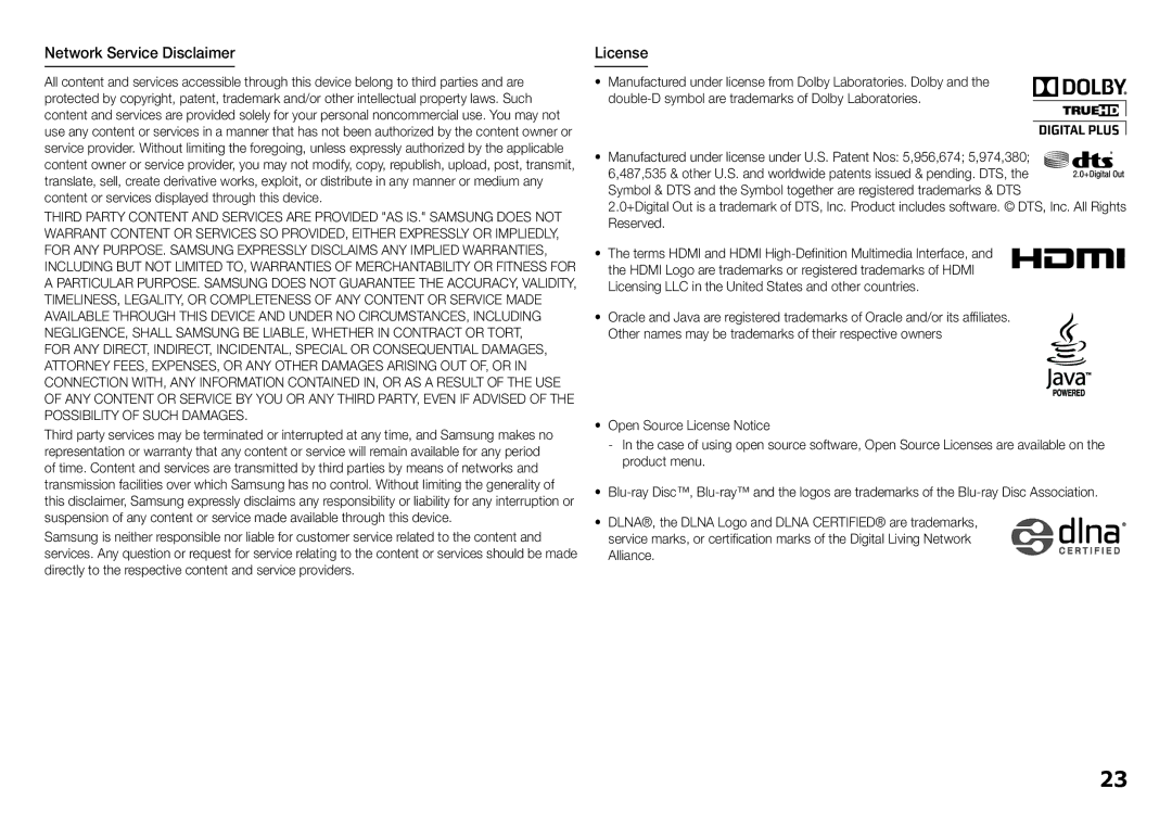 Samsung BD-F5100, BDF5100ZA user manual Network Service Disclaimer, License 