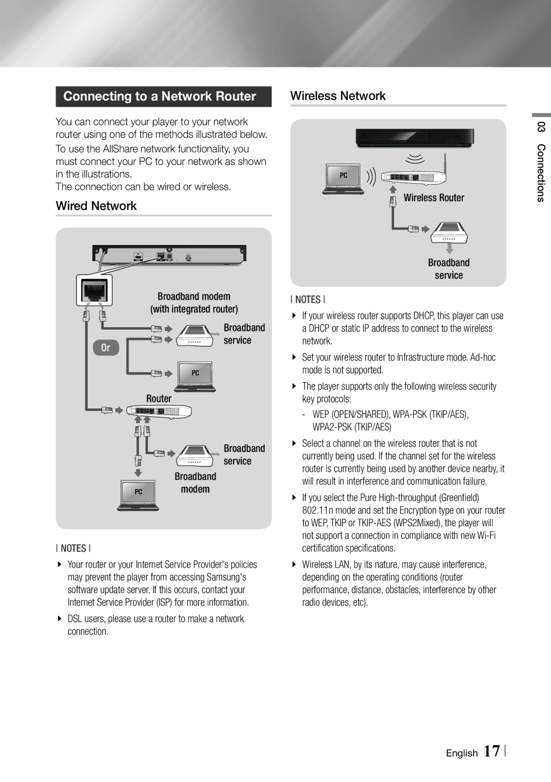 Samsung BDF5900 user manual Connecting to a Network Router, Wired Network, Wireless Network 