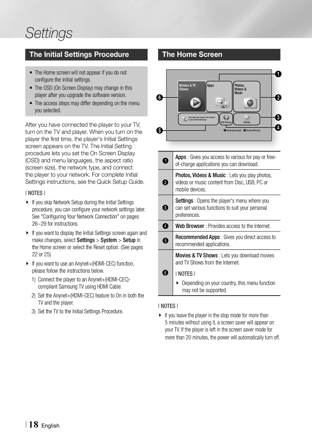 Samsung BDF5900 user manual Initial Settings Procedure Home Screen 