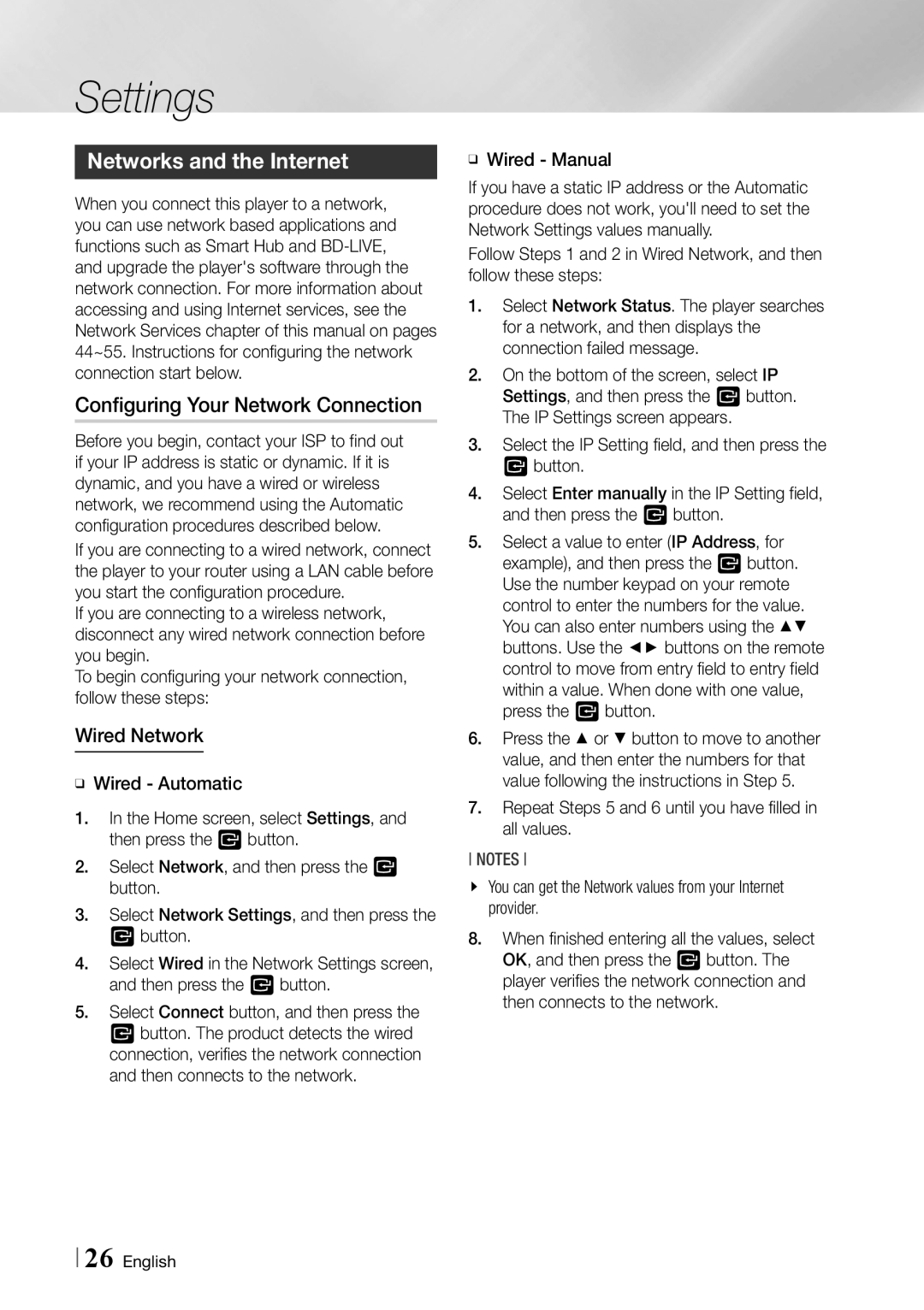 Samsung BDF5900 user manual Networks and the Internet, Configuring Your Network Connection, Wired Network, ĞĞ Wired Manual 