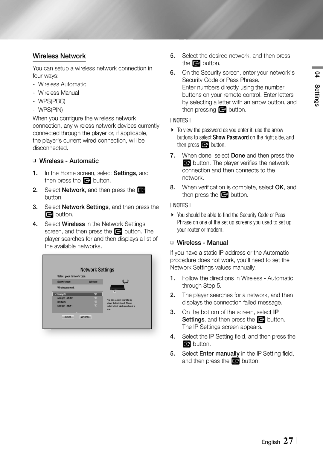 Samsung BDF5900 user manual Wireless Network, Wpspin 