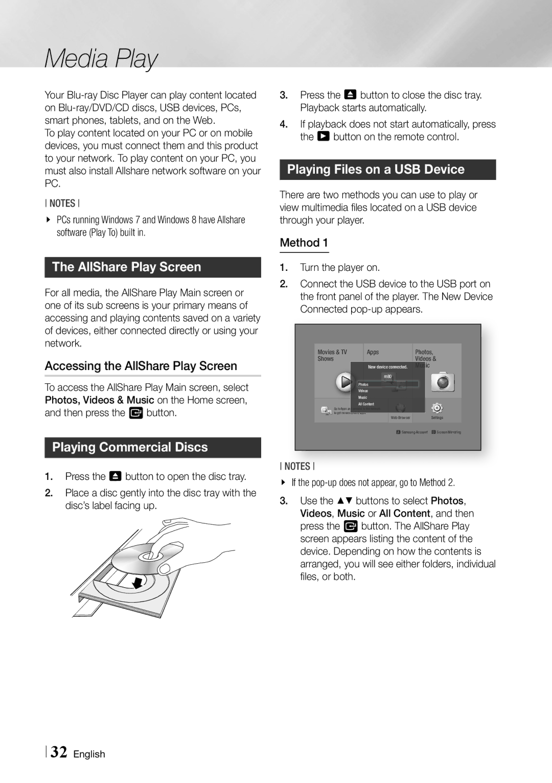 Samsung BDF5900 user manual Media Play, Accessing the AllShare Play Screen, Playing Commercial Discs 