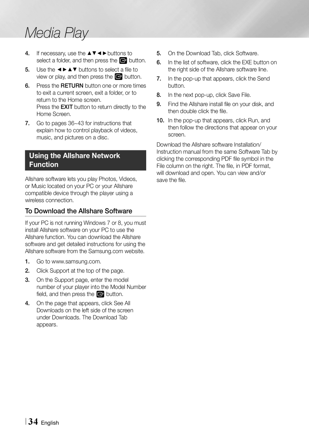 Samsung BDF5900 Using the Allshare Network Function, To Download the Allshare Software, Click Support at the top 