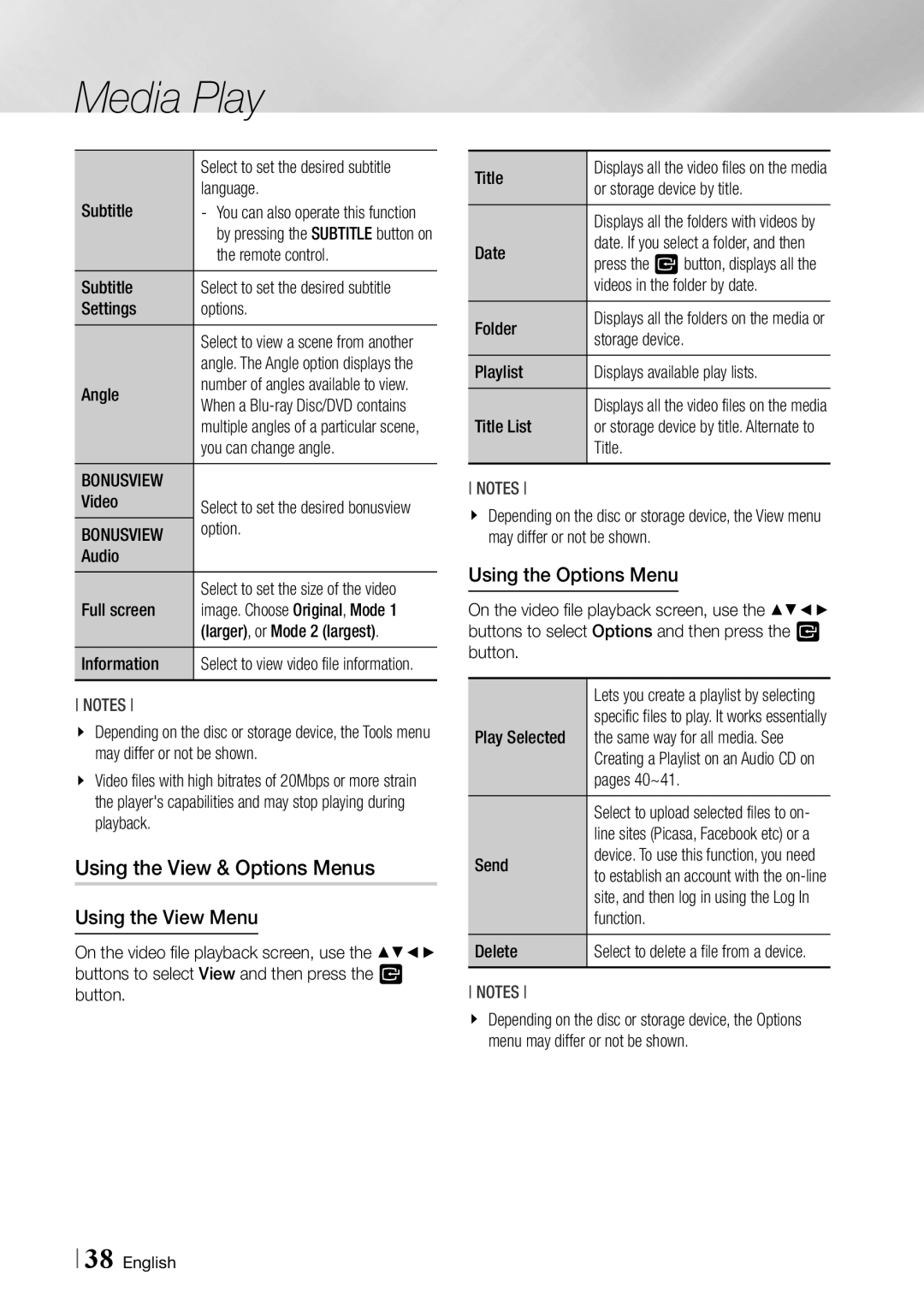 Samsung BDF5900 user manual Using the View & Options Menus, Using the View Menu, Using the Options Menu, Bonusview 