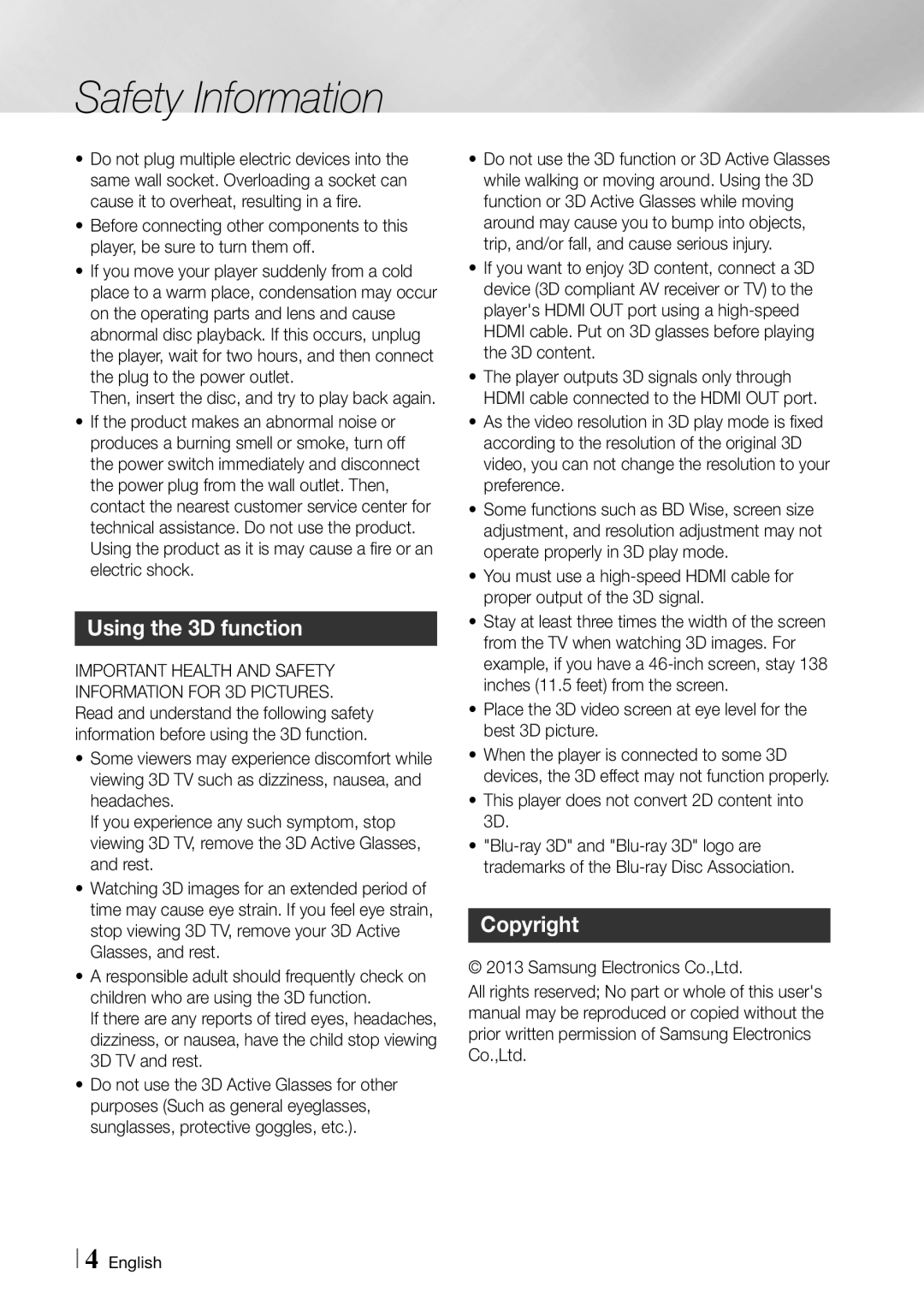 Samsung BDF5900 user manual Using the 3D function, Copyright, This player does not convert 2D content into 3D 