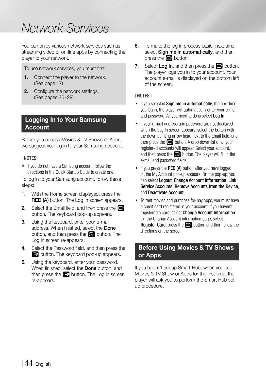 Samsung BDF5900 user manual Network Services, Logging In to Your Samsung Account, Before Using Movies & TV Shows or Apps 