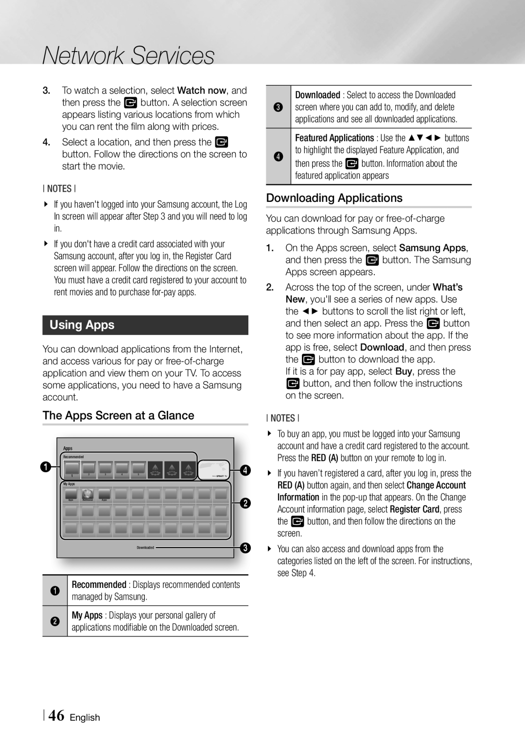 Samsung BDF5900 user manual Using Apps, Apps Screen at a Glance, Downloading Applications, Managed by Samsung 