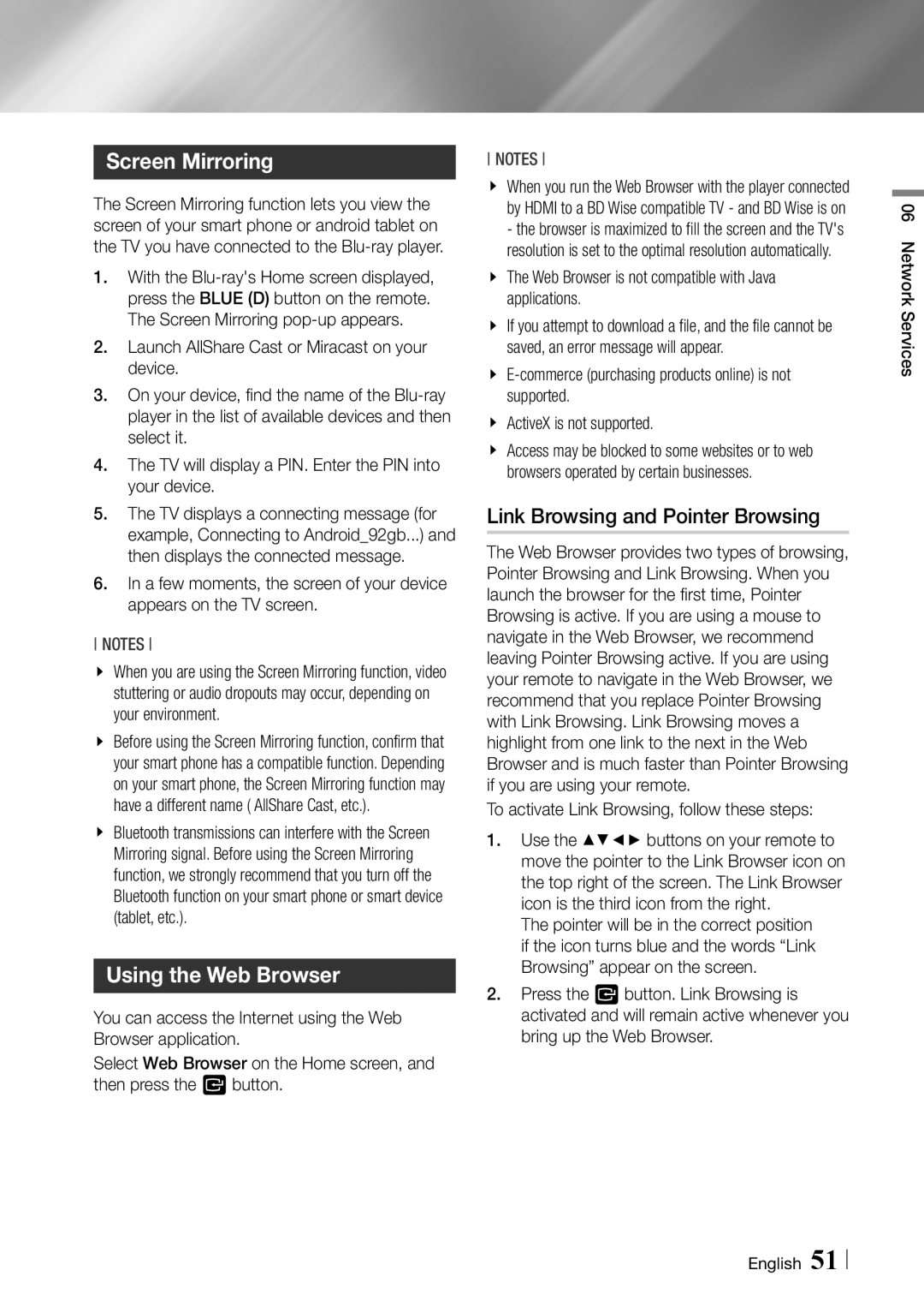 Samsung BDF5900 user manual Screen Mirroring, Using the Web Browser, Link Browsing and Pointer Browsing 