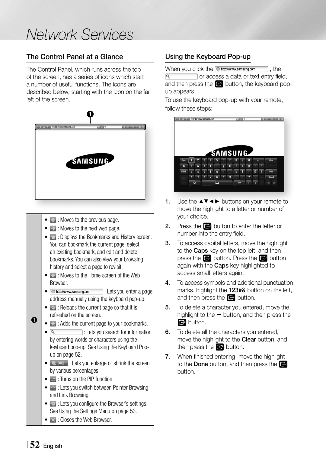 Samsung BDF5900 Control Panel at a Glance, Using the Keyboard Pop-up, Moves to the Home screen of the Web Browser 