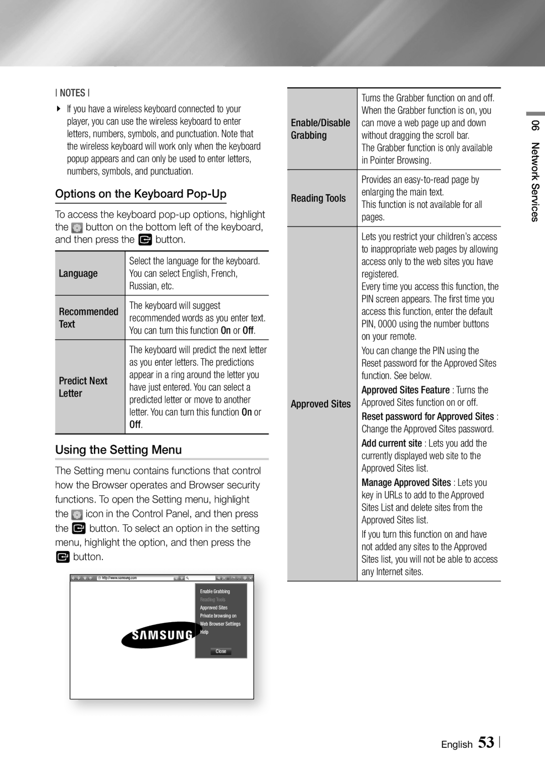 Samsung BDF5900 user manual Using the Setting Menu, Options on the Keyboard Pop-Up 