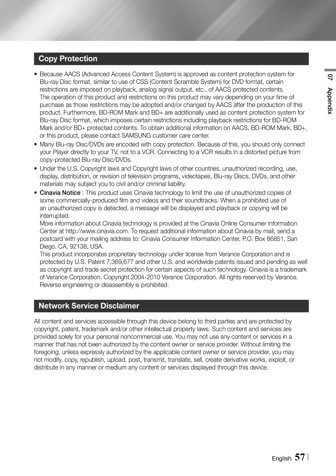 Samsung BDF5900 user manual Copy Protection, Network Service Disclaimer 