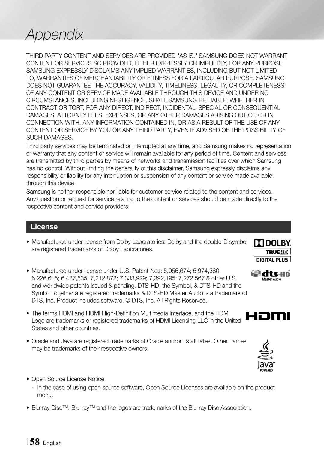 Samsung BDF5900 user manual License 