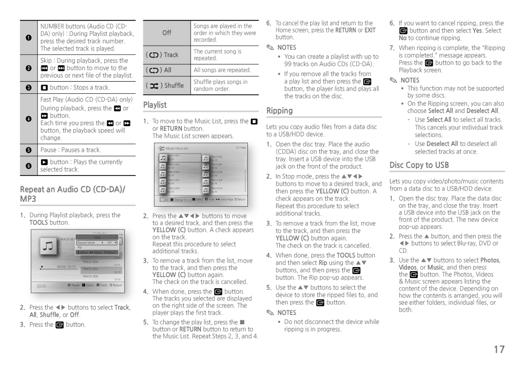 Samsung BDH5100 user manual Repeat an Audio CD CD-DA/ MP3, Playlist, Ripping, Disc Copy to USB 