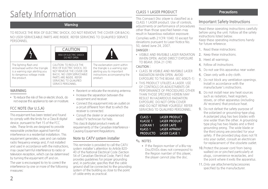 Samsung BDH5100 Safety Information, Important Safety Instructions, FCC Note for U.S.A, Class 1 Laser product, Precautions 