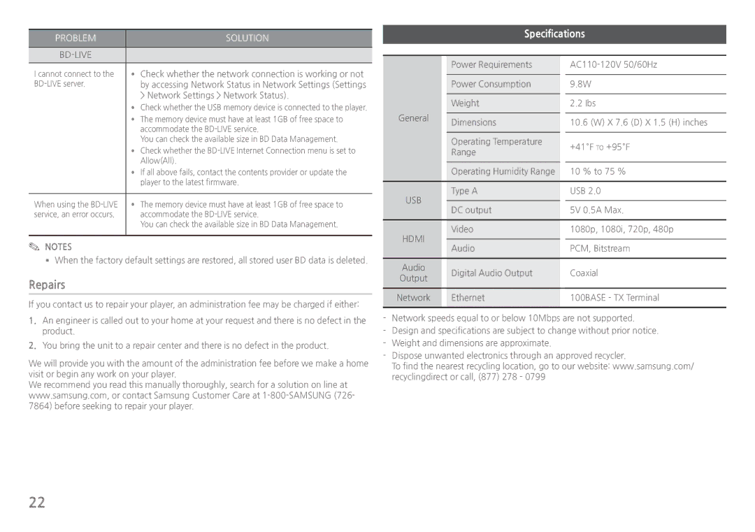 Samsung BDH5100 user manual Repairs, Specifications 