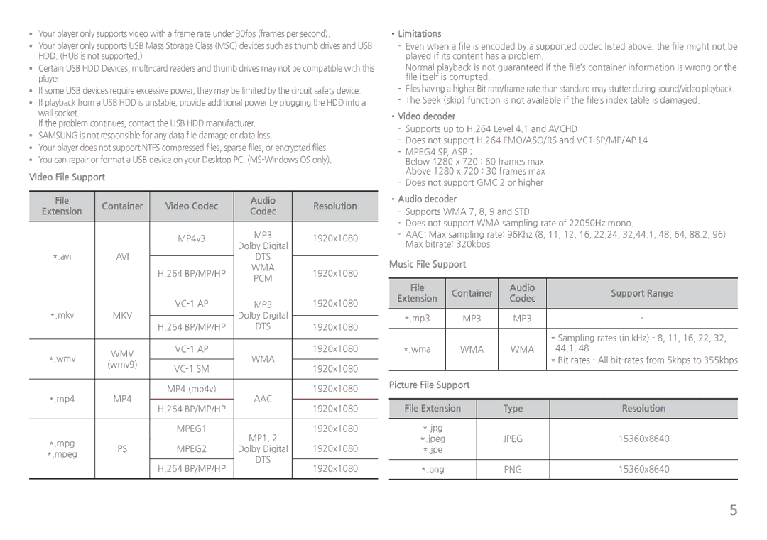 Samsung BDH5100 Video File Support Container Video Codec Audio Resolution, Limitations, Video decoder, Audio decoder, Type 