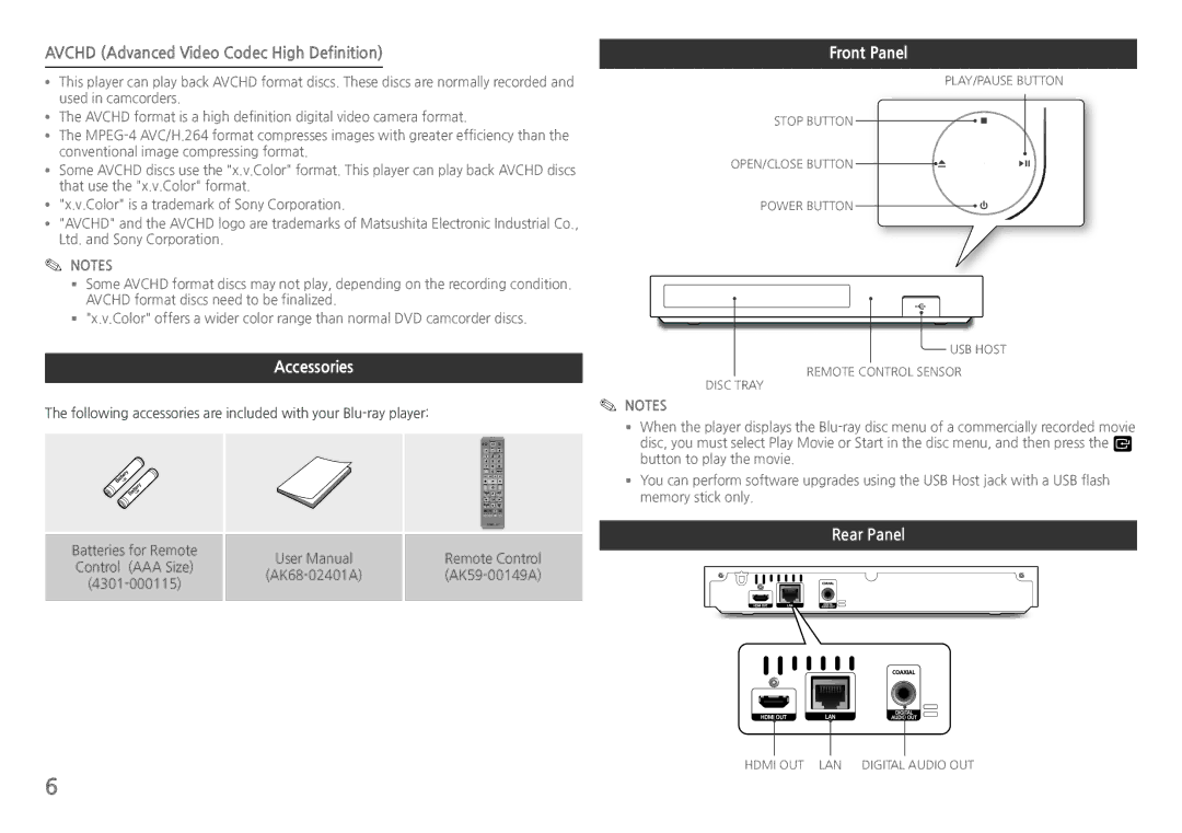 Samsung BDH5100 user manual Avchd Advanced Video Codec High Definition, Accessories, Front Panel, Rear Panel 