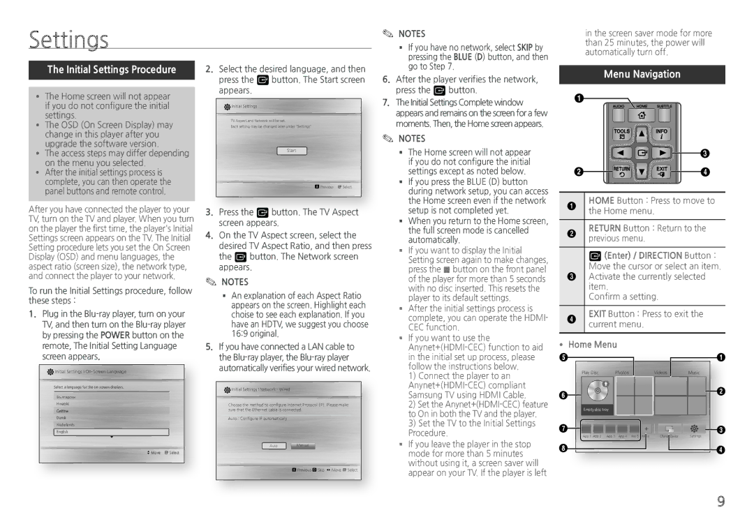 Samsung BDH5100 user manual Initial Settings Procedure, Menu Navigation, Enter / Direction Button, Home Menu 