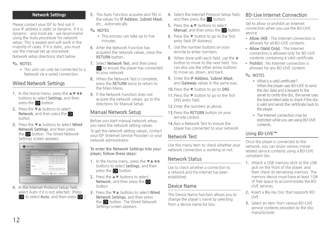 Samsung BDH5100 user manual Wired Network Settings, Manual Network Setup, Network Test, Network Status, Device Name 