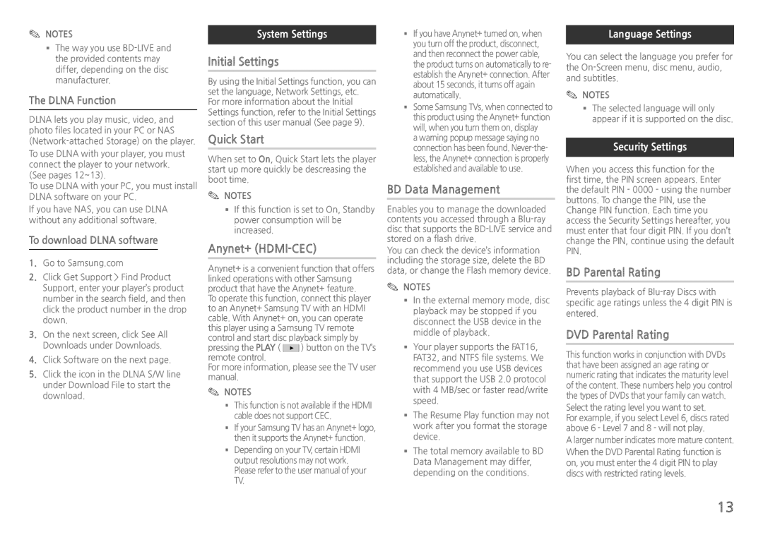 Samsung BDH5100 user manual Initial Settings, Quick Start, Anynet+ HDMI-CEC, BD Data Management, BD Parental Rating 