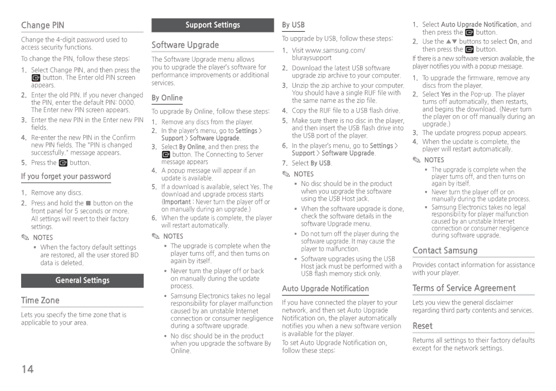 Samsung BDH5100 user manual Change PIN, Software Upgrade, Contact Samsung, Time Zone, Terms of Service Agreement, Reset 