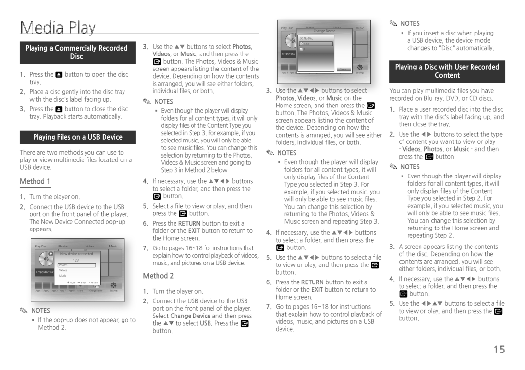 Samsung BDH5100 Media Play, Playing Files on a USB Device, Method, Playing a Disc with User Recorded Content 