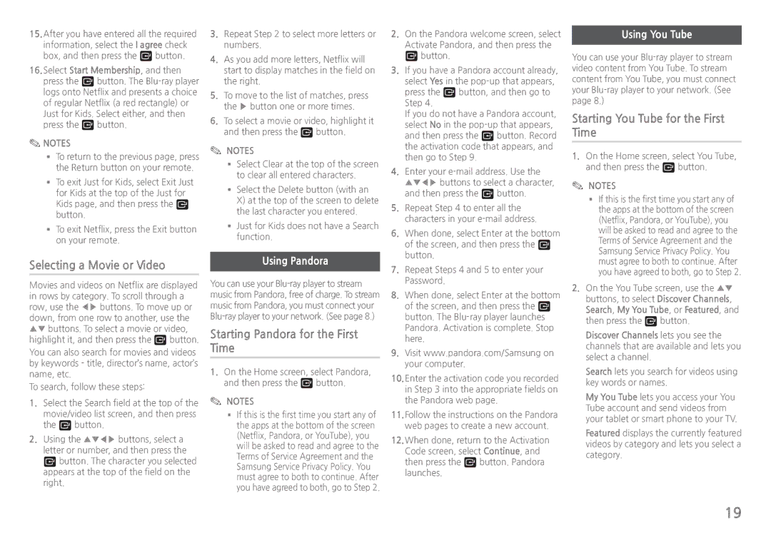 Samsung BDH5100 user manual Starting You Tube for the First Time, Starting Pandora for the First Time, Using You Tube 