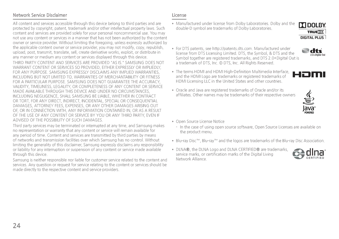 Samsung BDH5100 user manual Network Service Disclaimer, License 