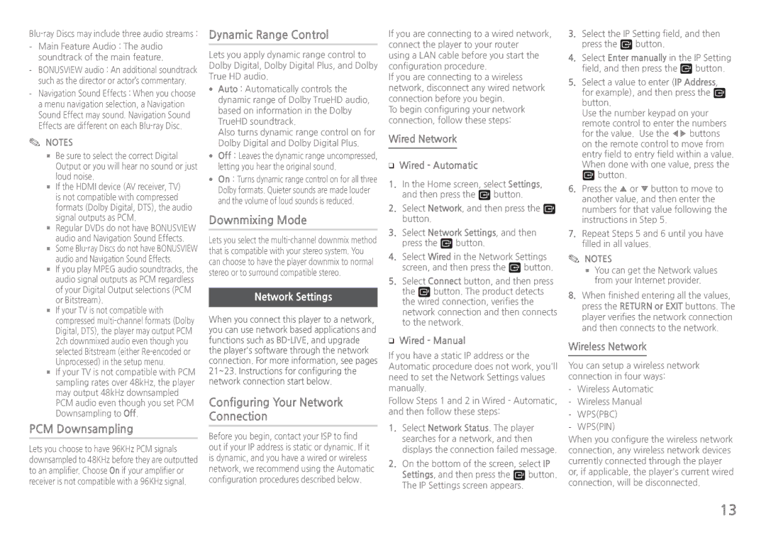 Samsung BDH5900 user manual PCM Downsampling, Dynamic Range Control, Downmixing Mode, Configuring Your Network Connection 