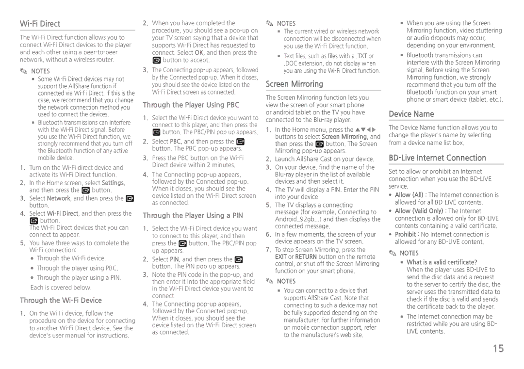 Samsung BDH5900 user manual Wi-Fi Direct, Screen Mirroring, Device Name, BD-Live Internet Connection 