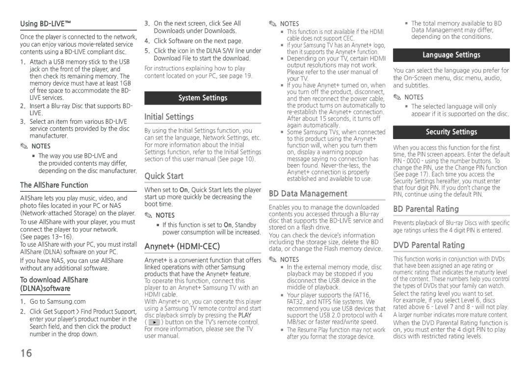 Samsung BDH5900 user manual Initial Settings Quick Start, Anynet+ HDMI-CEC, BD Data Management, BD Parental Rating 