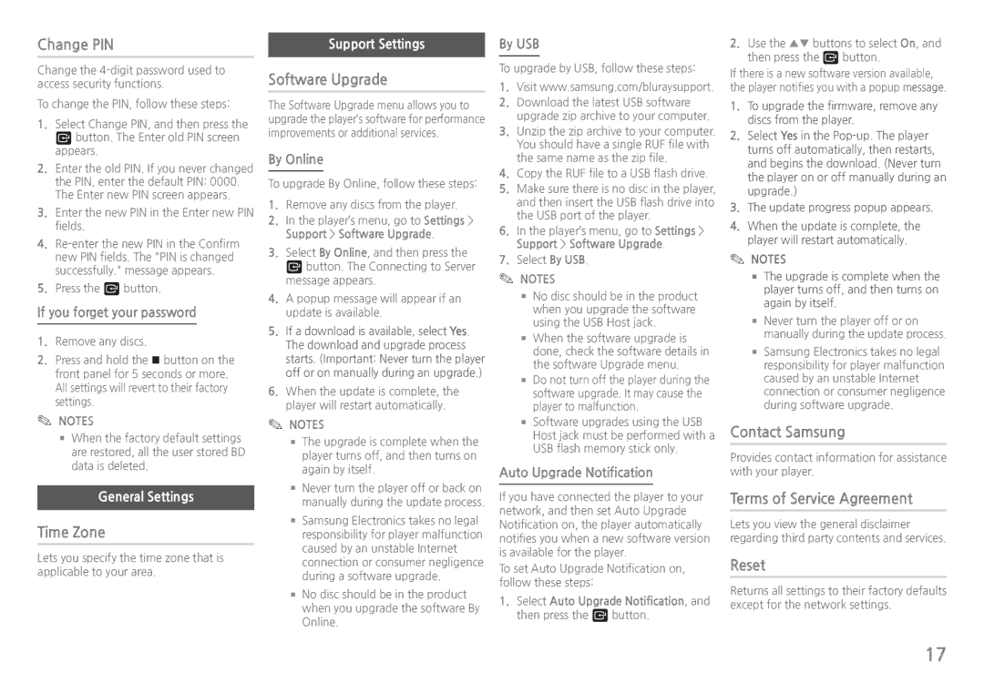 Samsung BDH5900 user manual Change PIN, Time Zone, Software Upgrade, Contact Samsung, Terms of Service Agreement, Reset 