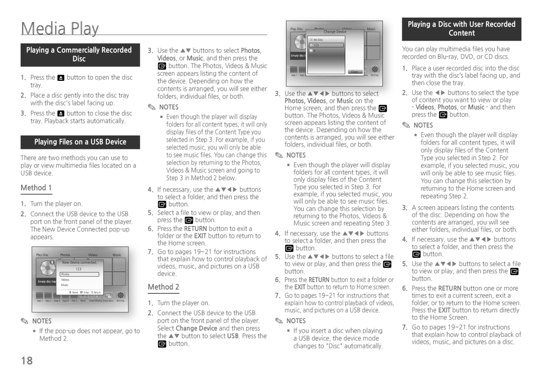 Samsung BDH5900 user manual Media Play, Playing a Disc with User Recorded Content, Playing Files on a USB Device, Method 