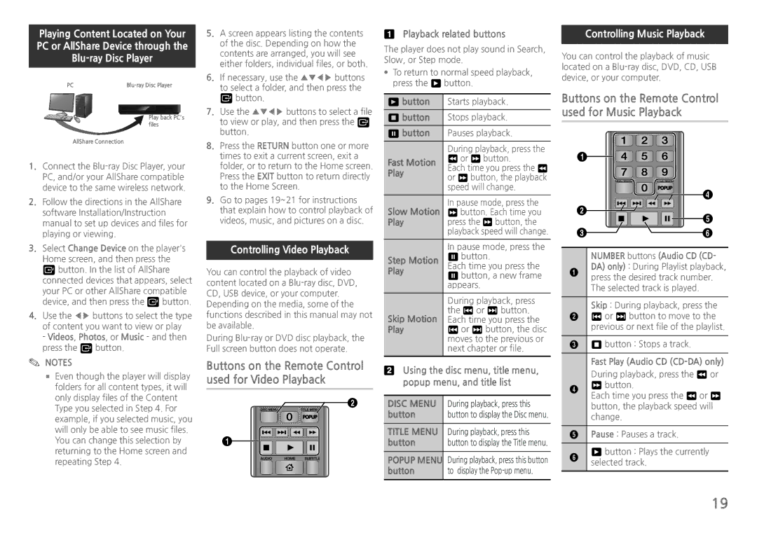 Samsung BDH5900 user manual Controlling Music Playback, Controlling Video Playback, Playback related buttons 