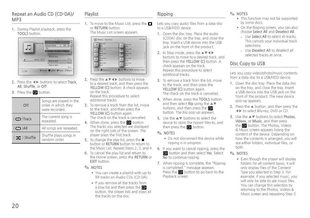 Samsung BDH5900 user manual Repeat an Audio CD CD-DA/ MP3, Playlist, Ripping, Disc Copy to USB 