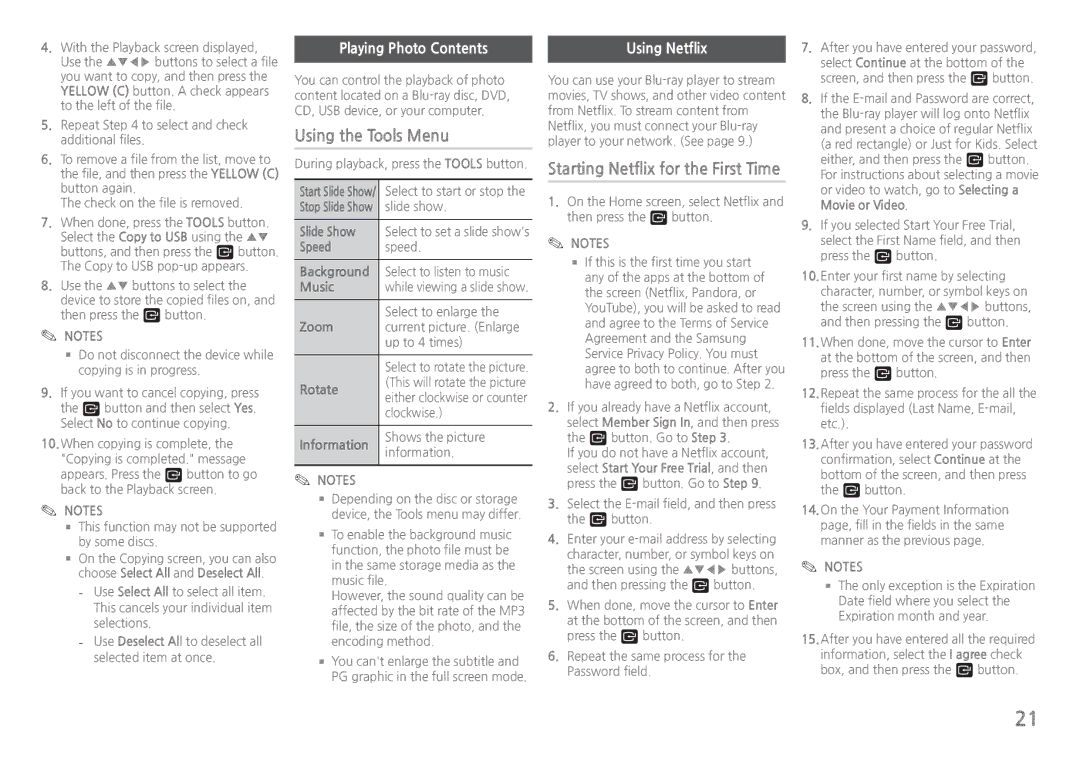 Samsung BDH5900 Using the Tools Menu, Starting Netflix for the First Time, Playing Photo Contents, Using Netflix 