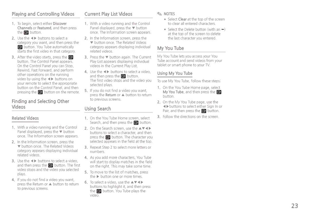 Samsung BDH5900 user manual Playing and Controlling Videos, Finding and Selecting Other Videos, Using Search, My You Tube 