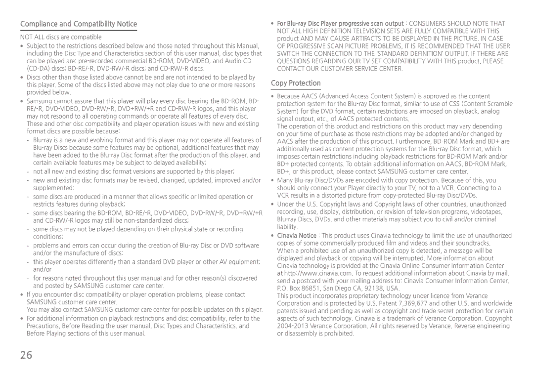 Samsung BDH5900 user manual Compliance and Compatibility Notice, Copy Protection 