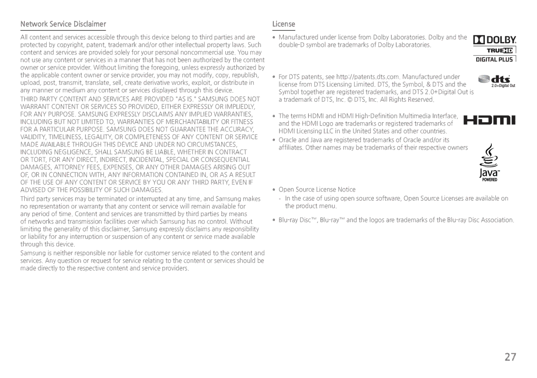 Samsung BDH5900 user manual Network Service Disclaimer, License 