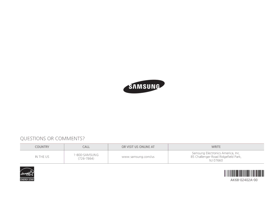 Samsung BDH5900 user manual 726-7864, AK68-02402A-00 