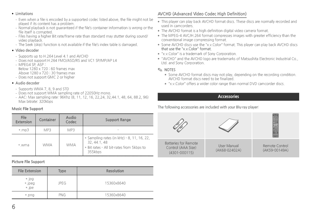 Samsung BDH5900 user manual Avchd Advanced Video Codec High Definition, Accessories 