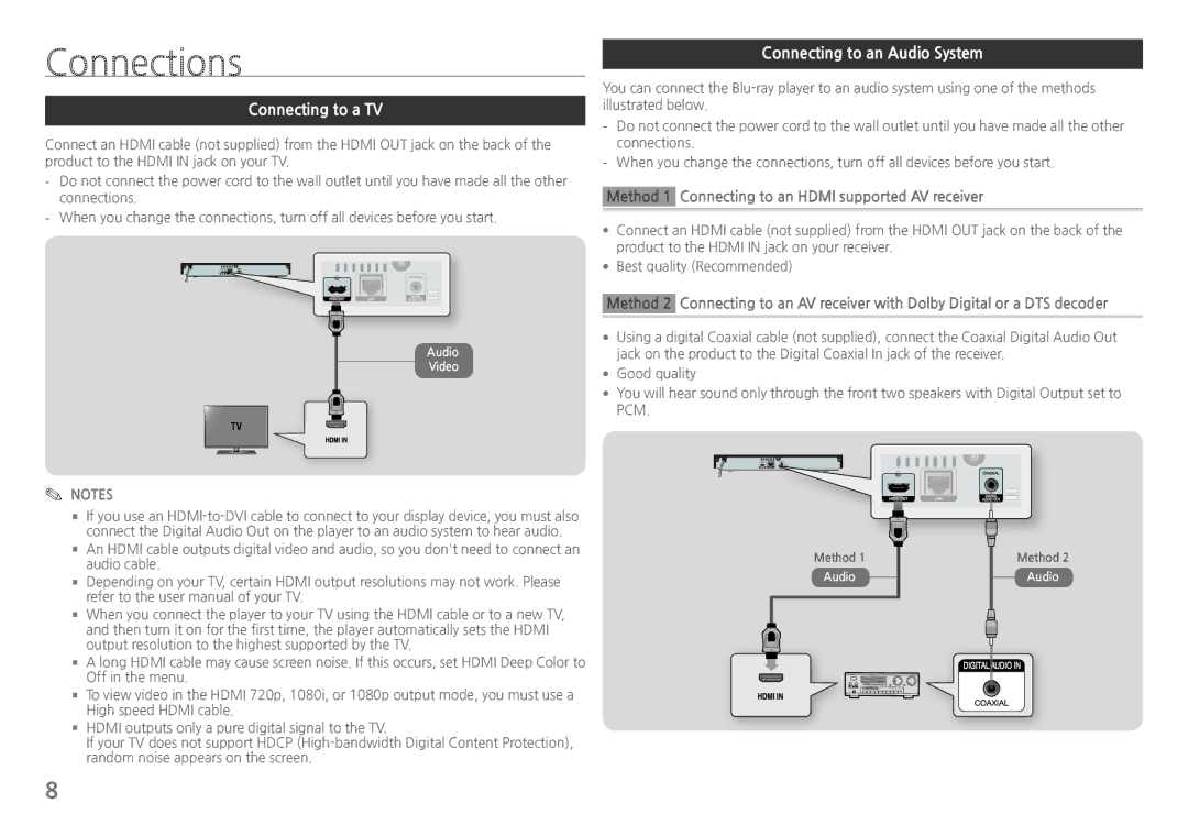 Samsung BDH5900 user manual Connections, Connecting to a TV, Connecting to an Audio System 