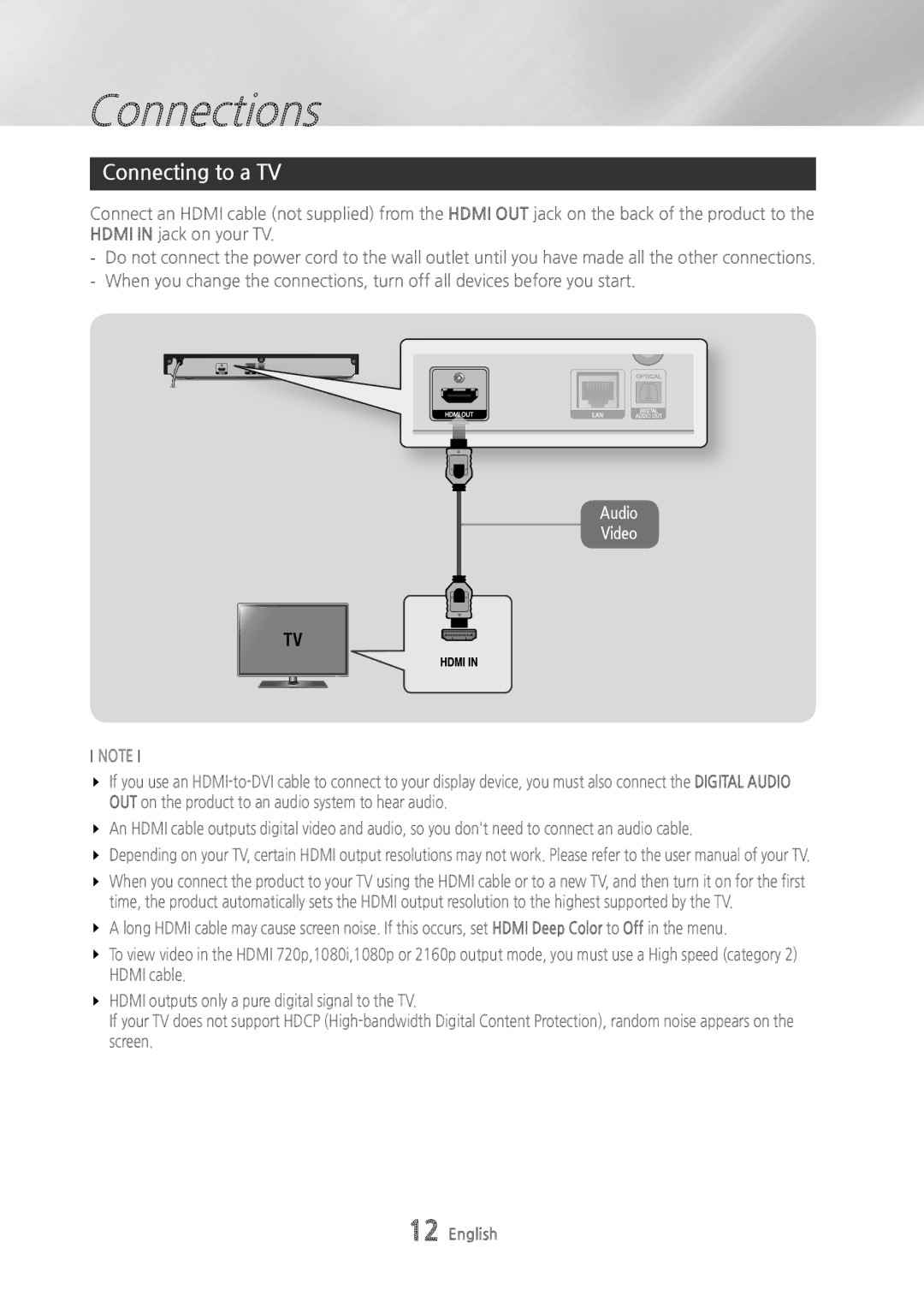 Samsung BDH6500 user manual Connections, Connecting to a TV 