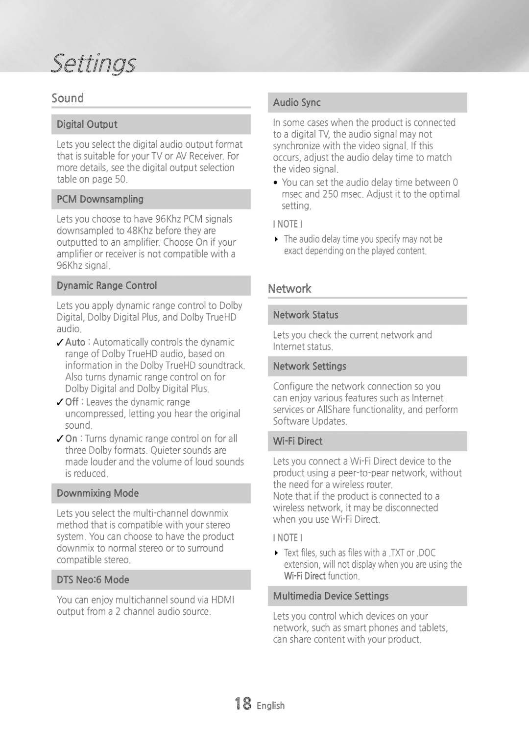 Samsung BDH6500 user manual Sound, Network 